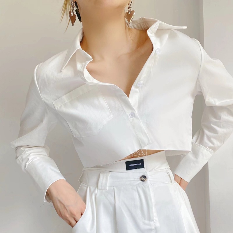 Áo Sơ Mi Nữ Croptop Thiết Kế Dài Tay Form Rộng Phối Túi Ngực Phong Cách Ulzzang Thời Trang Sugal SO MI NU 029V1