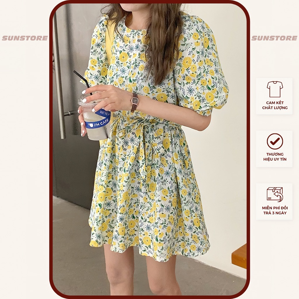 Đầm hoa nhí dáng ngắn mini váy xoè tay tay bồng ngắn kèm dây cột eo