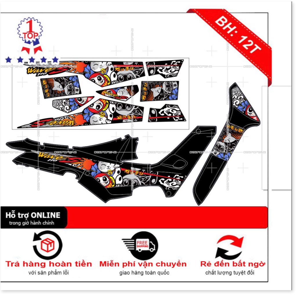 Tem wave nhỏ đời đầu mèo thần tài dán xe đen