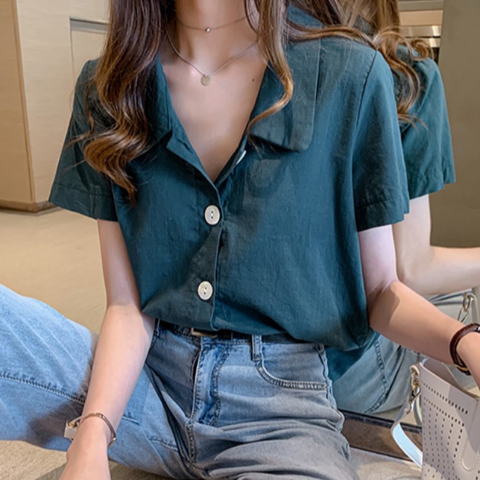 Áo sơ mi ngắn tay màu trơn phong cách cổ điển thời trang công sở cho nữ