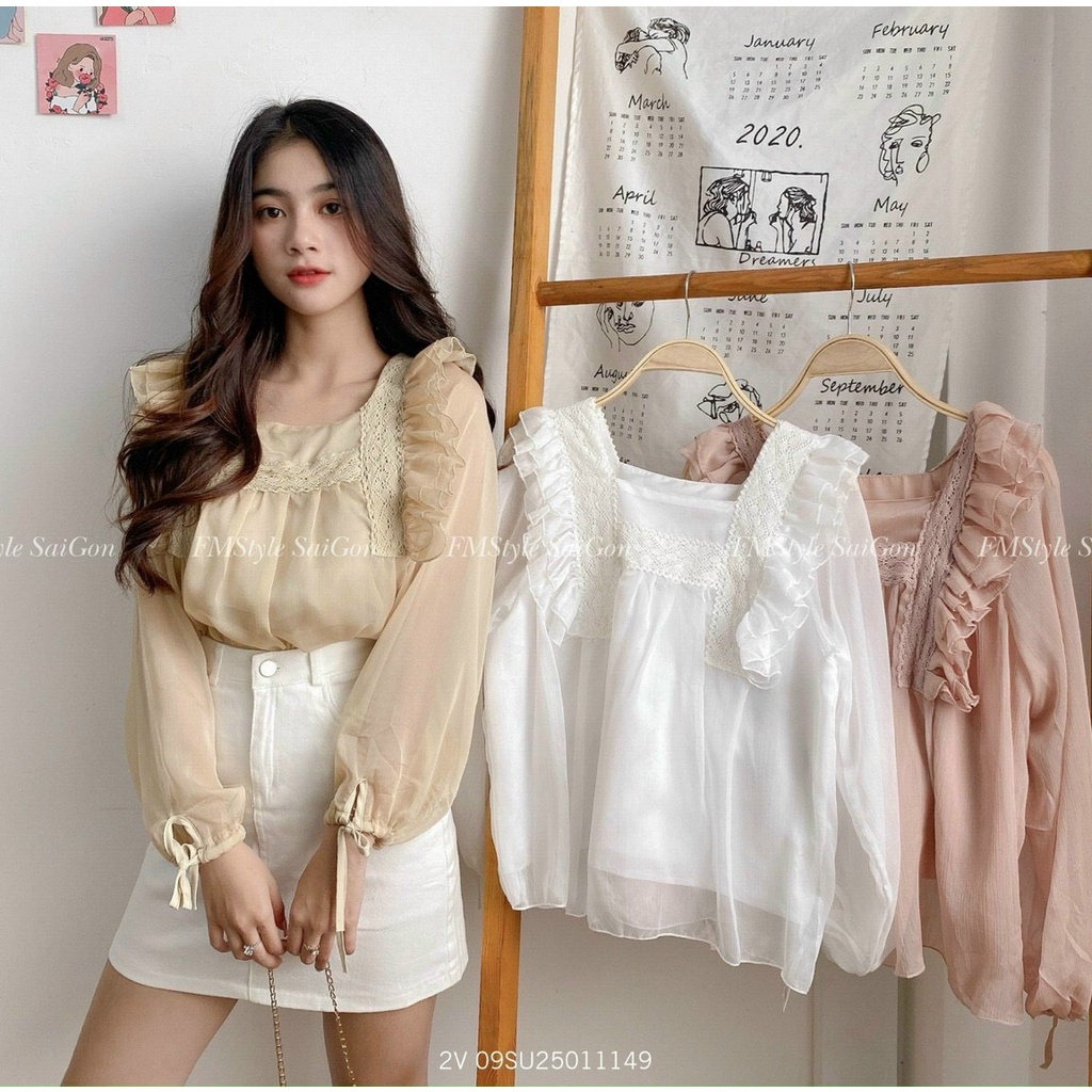 [HCM][FREE SHIP]áo bèo tay dài cột dây cổ vuông phối ren chất voan hai lớp form rộng hàng qc loại 1 cực đẹp sa049
