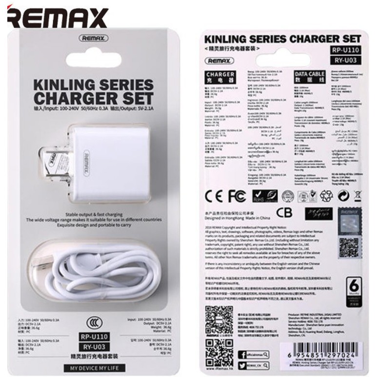 Củ Sạc 2.1A Cáp Sạc 1m Remax RPU110Hàng Chính Hãng