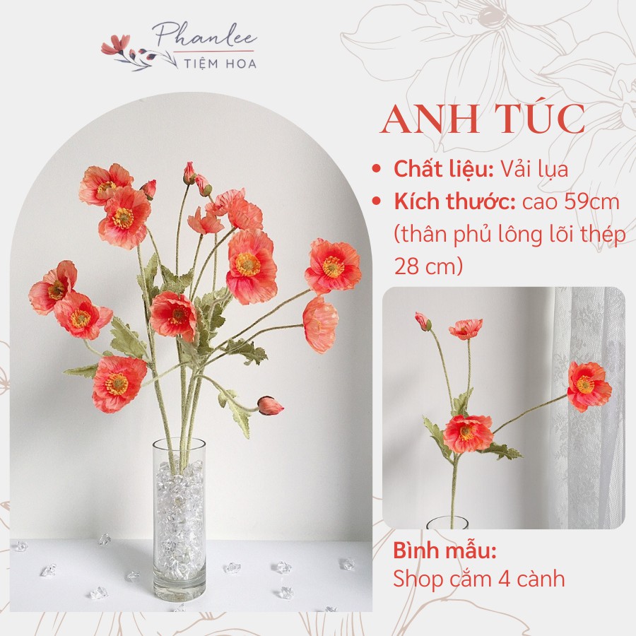 Hoa giả decor - Hoa anh túc 3 bông 1 nụ trang trí phòng để bàn Phanlee chất liệu lụa cao cấp thân phủ lông giống thật