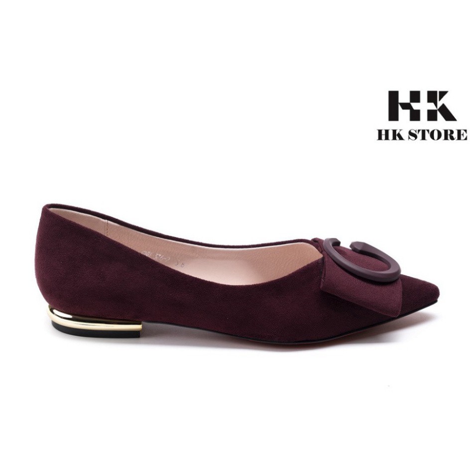 Giày bệt nữ mũi nhọn ❤️ HK.STORE ❤️ da lộn đủ màu gót trụ đính kim loại viền siêu xinh, hàng cao cấp 2021.