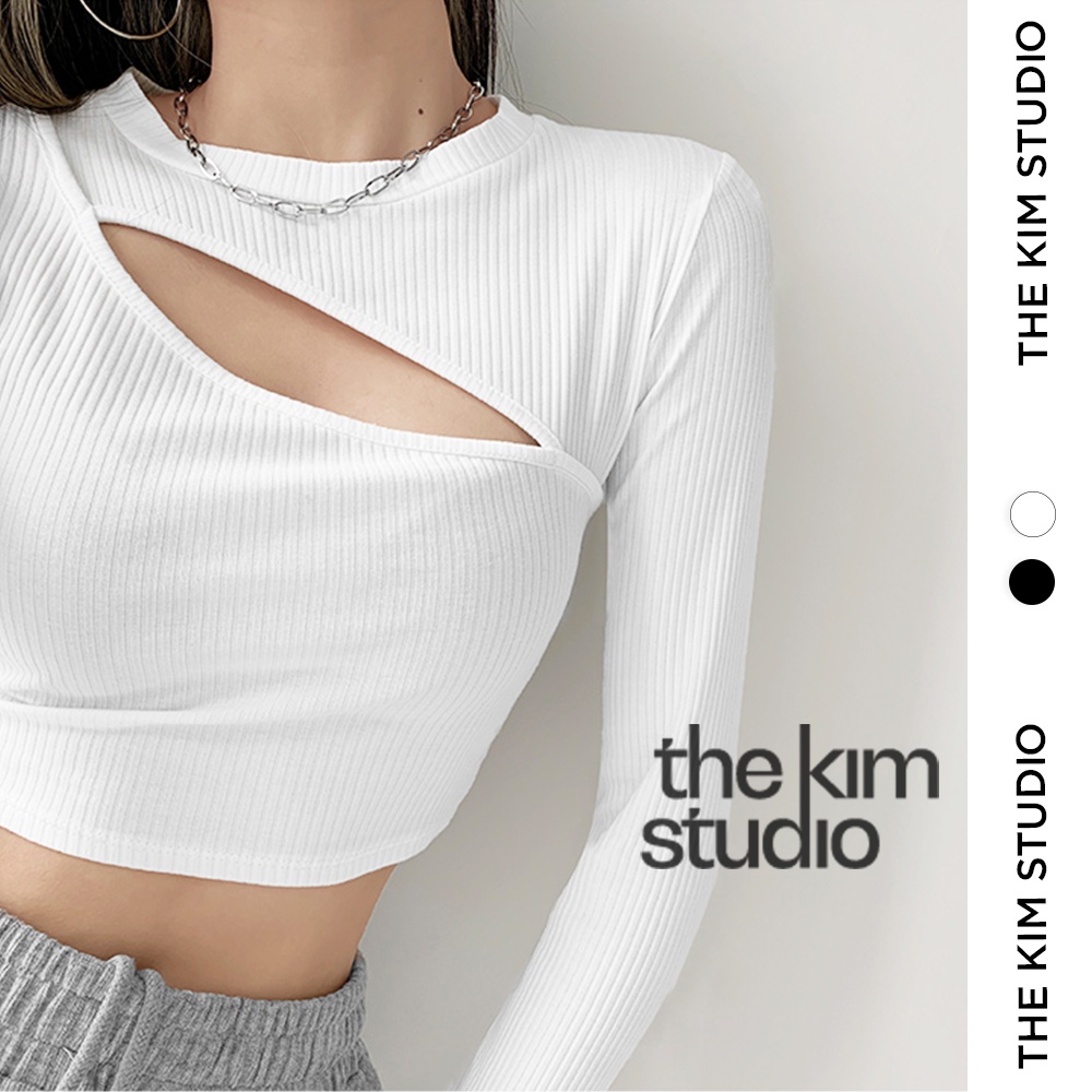 Áo croptop dài tay khoét ngực chéo TheKim, áo thun len tăm cổ tròn thu đông ôm sát body AD120