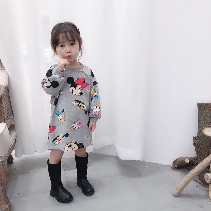 Đầm Thun Cotton Tay Dài In Hình Chuột Mickey Kiểu Mới Cho Nữ