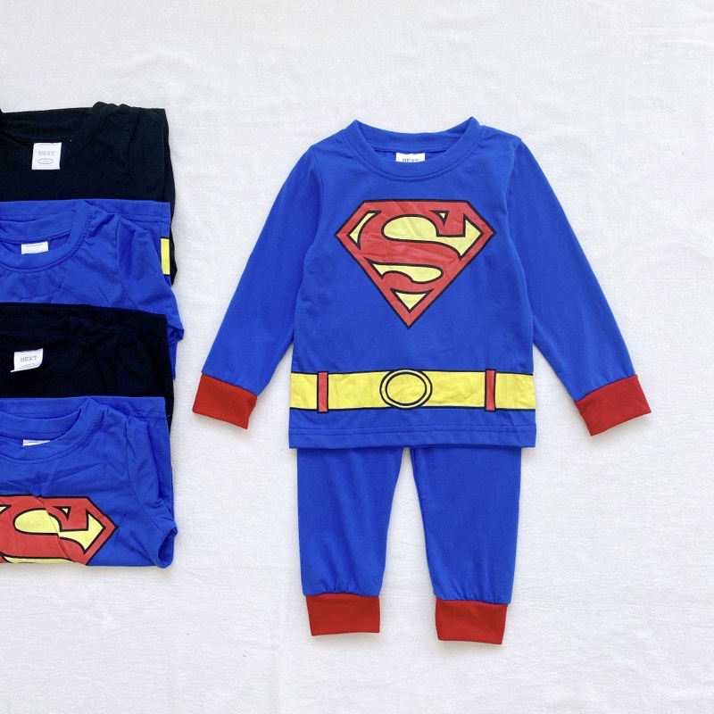 Set 2 bộ cotton dài tay cho bé trai in hình batman đen xanh cho bé từ 10-24 cân