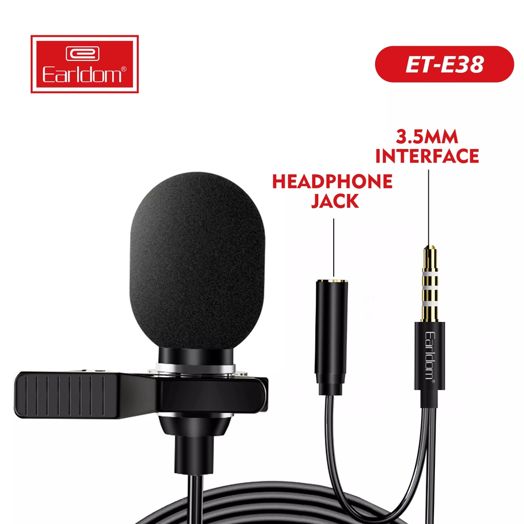 Mic Thu Âm cài áo Earldom E38 Cho Điện Thoại Chân 3.5mm kèm Jack Cắm Tai Nghe; TPE CAO CẤP; DÂY NỐI 2M; LỌC TIẾNG ỒN