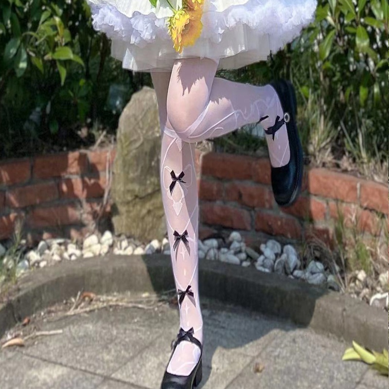 Tất Đùi Dài Qua Gối Đính Nơ Giả Hình Xăm 3D Phong Cách Gothic Lolita Cho Nữ