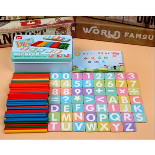 Bộ que tính, bảng chữ và số có nam châm bằng gỗ