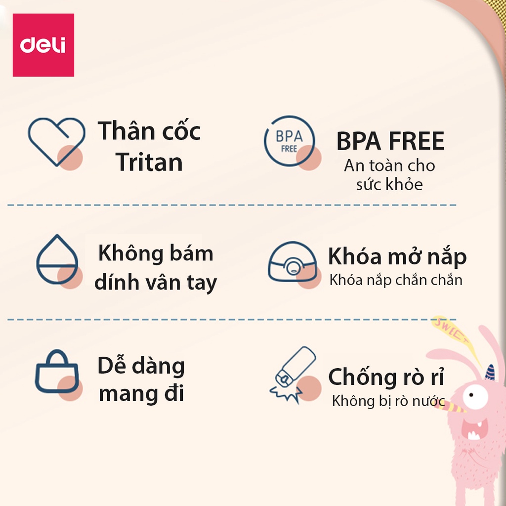 Bình nước nhựa tritan cao cấp Deli Dung tích 460 - 610- 700ml trong suốt an toàn, chịu nhiệt, có lõi detox chống rò rỉ
