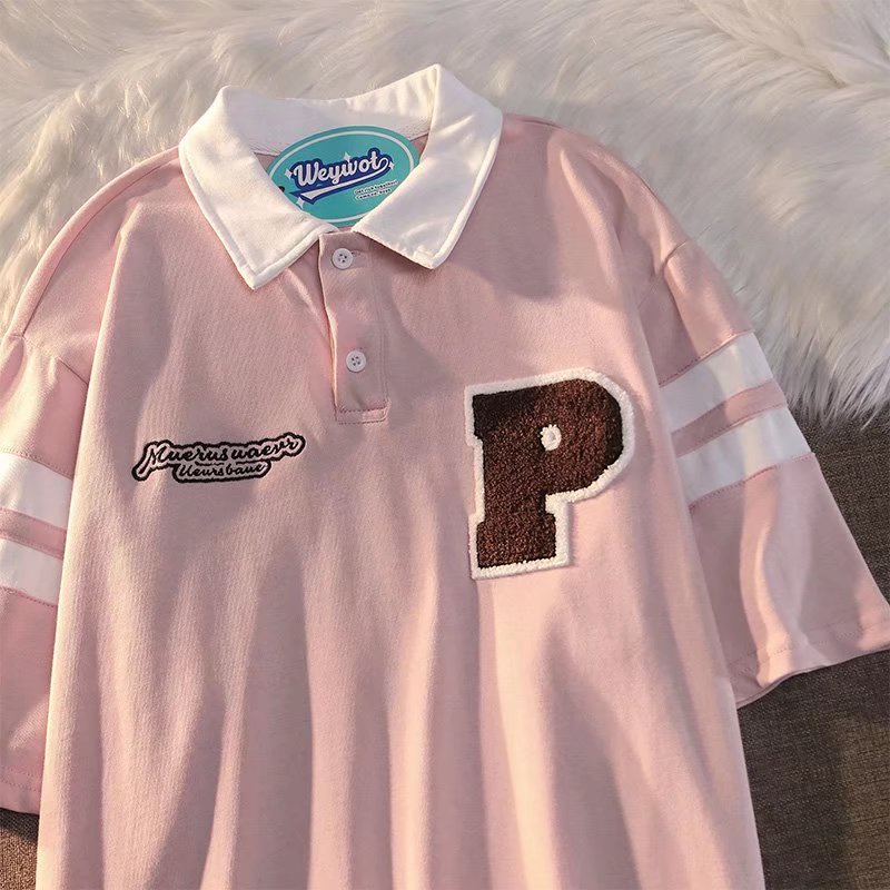 Áo Thun POLO Tay Ngắn Dáng Rộng Thêu Chữ Phong Cách Học Sinh Nhật Bản Dễ Phối Đồ Thời Trang Mùa Hè Cho Nam Nữ Size M-2xl