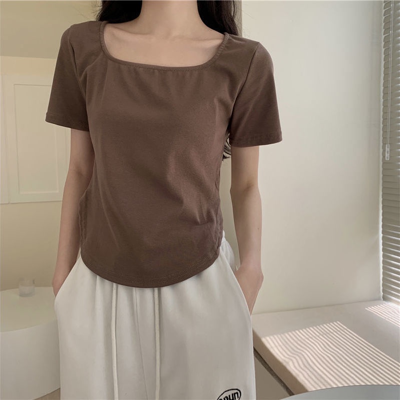 Áo thun nữ BH tay ngắn cổ vuông màu sắc thanh lịch