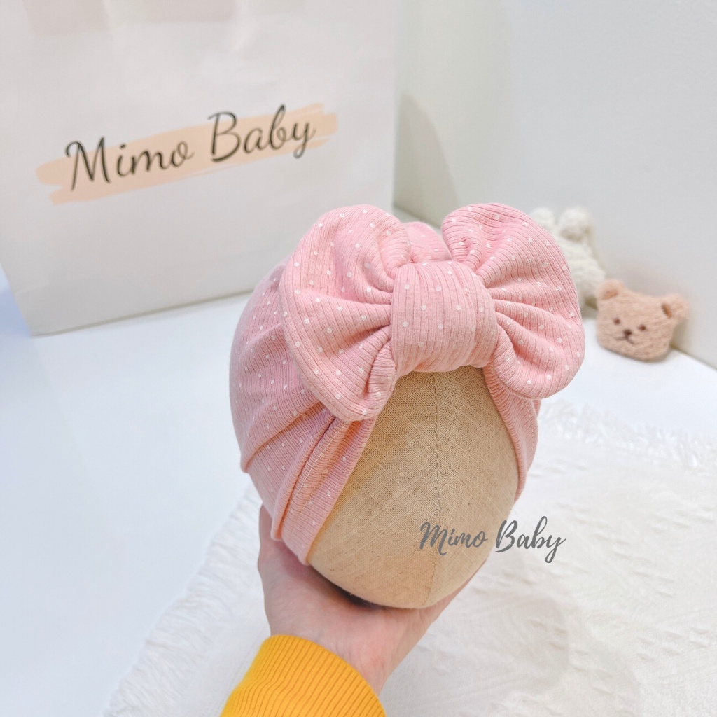Mũ turban hồng chấm bi đính nơ dễ thương cho bé MTB115 Mimo Baby