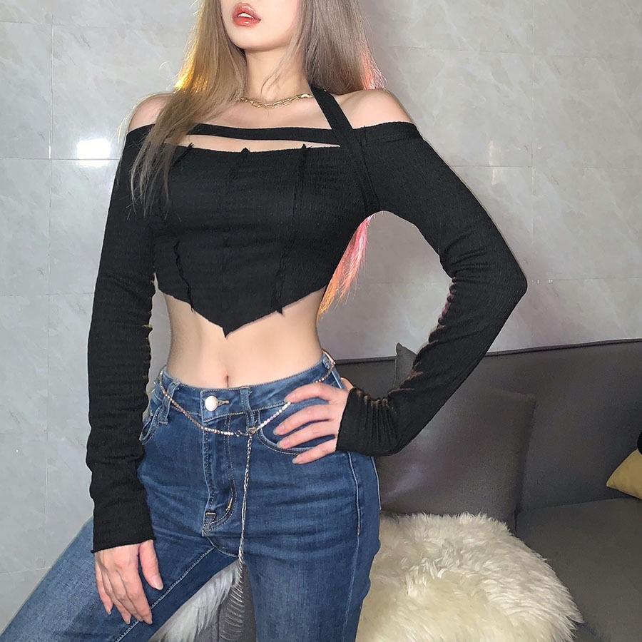 Áo thun tay dài hở vai cổ yếm màu trơn phong cách  cho nữ