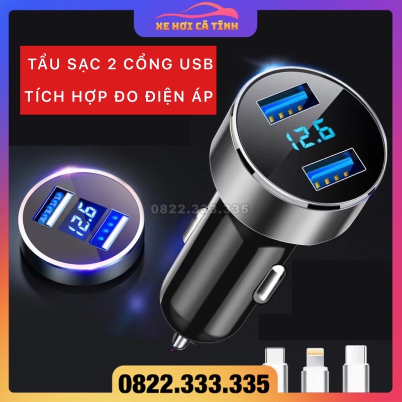 Tẩu sạc ô tô 2 cổng usb làm bằng kim loại sơn tĩnh điện phủ ABS có màn led báo điện áp | Sạc điện thoại trên xe hơi