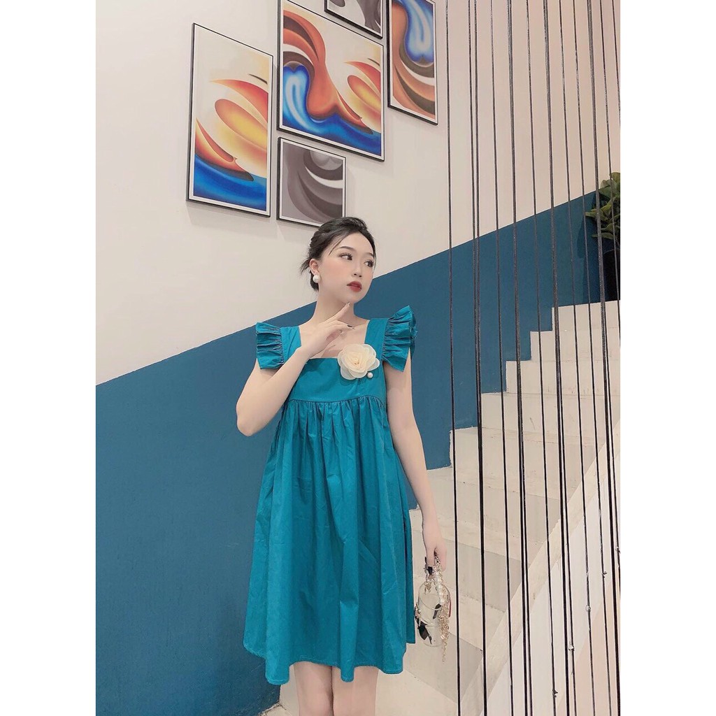 Đầm baby doll cổ vuông tay bèo kết bông dễ thương Rose Fashion