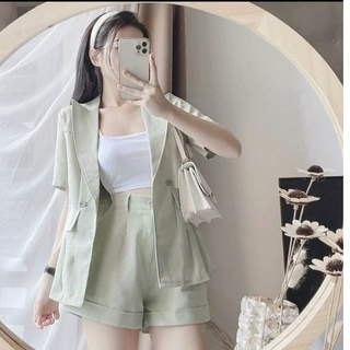 Sét bộ 3 món áo 2 dây & áo vest ngoài ngắn tay kèm quần đùi ống rộng gấp lai sang chảnh thời trang nữ cho nàng công sở