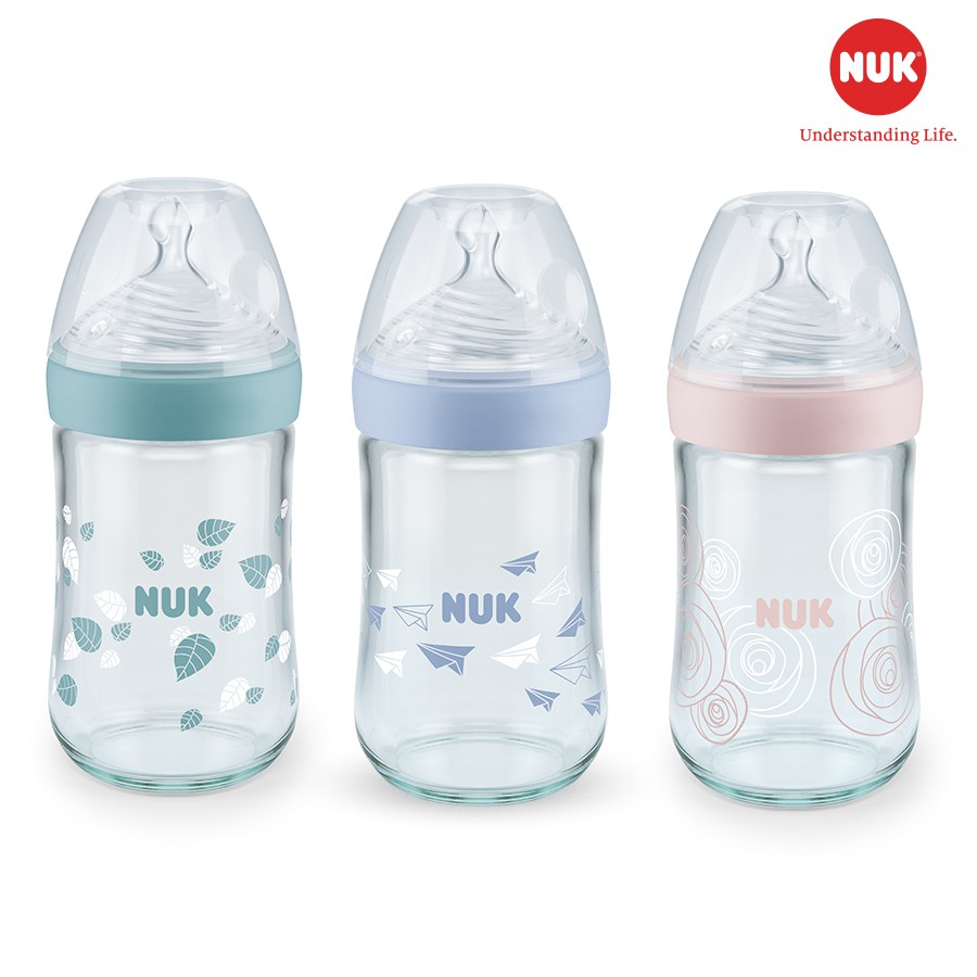 Bình Sữa Thủy Tinh Cổ Rộng NUK Nature Sense Chống Sặc Size 120ml 240 ml Dành Cho Bé Sơ Sinh, 0-6 Tháng, 6-18 Tháng