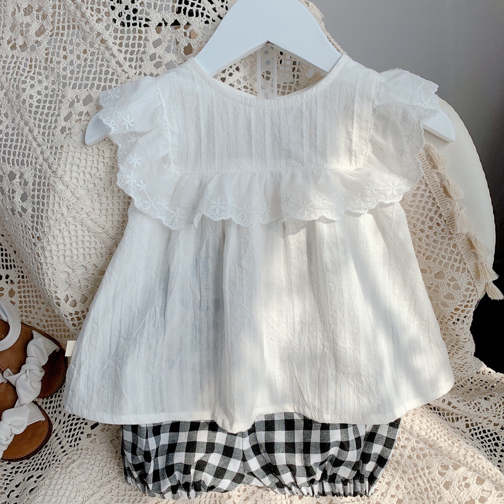 Ảnh Chụp Thật- Set Ao Thô Trắng Quần Caro Xinh Xắn Cho Bé Gái 9-16Kg S4555 TIEUYENKID