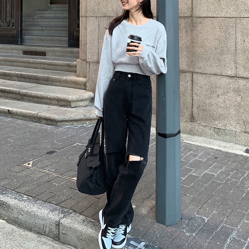 Quần jeans nữ ống suông rộng màu đen màu trắng rách ống cá tính phong cách Ulzzang đủ size thời trang | BigBuy360 - bigbuy360.vn