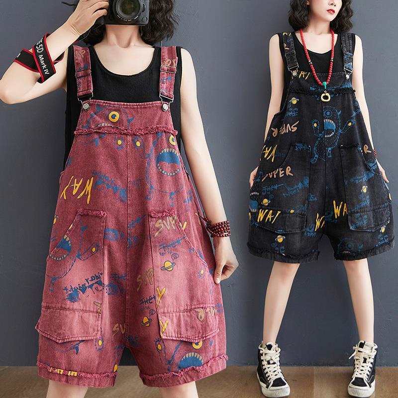Quần Yếm Denim Ngắn Dáng Rộng In Chữ Thời Trang Thường Ngày Cỡ Lớn Cho Phụ Nữ