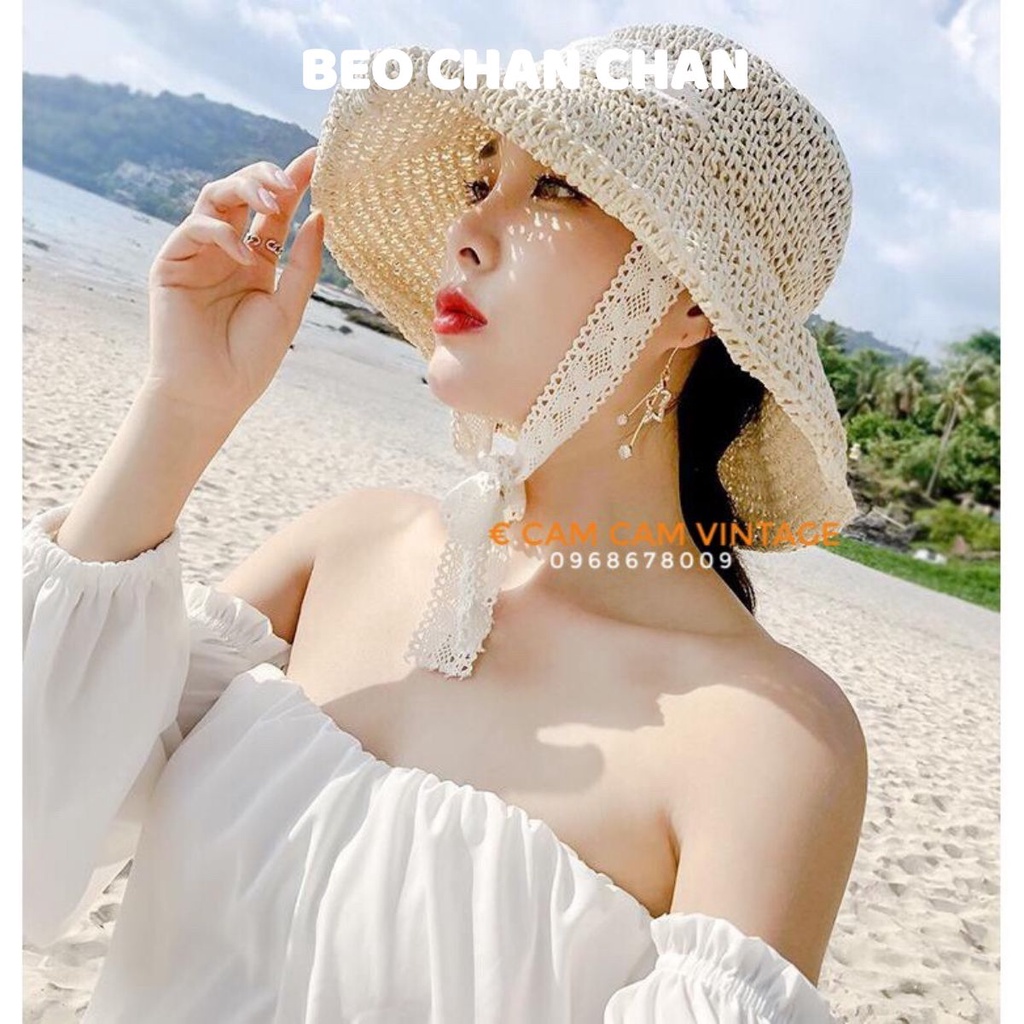Mũ cói mềm vintage nơ ren tiểu thư đi biển nón cói mềm gấp gọn mang theo du lịch