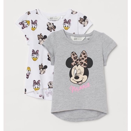 [Rẻ Vô Địch] Áo thun cộc tay bé gái - Set 2 áo cộc tay Hm Minnie ghi trắng chất cotton cho bé gái size 2-10t