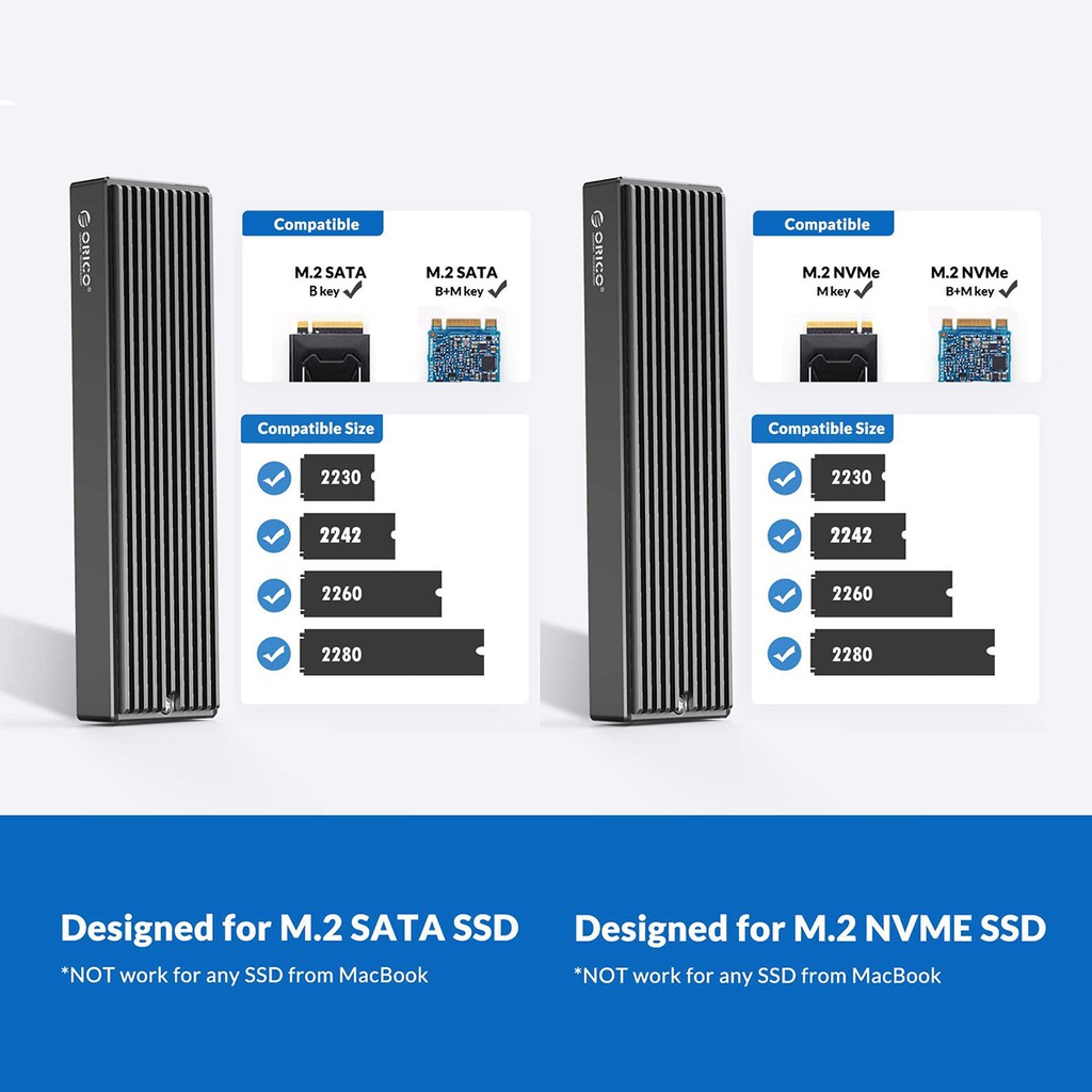 Vỏ ổ cứng ORICO cổng USB type-C Gen2 10Gbps PCIe M2 SATA NVME NGFF 5Gbps Cho SSD M.2