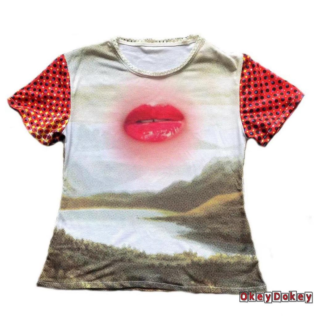 Áo Thun Nữ Tay Ngắn Phong Cách Harajuku Họa Tiết Đôi Môi Thần Tiên 2000s Y2K