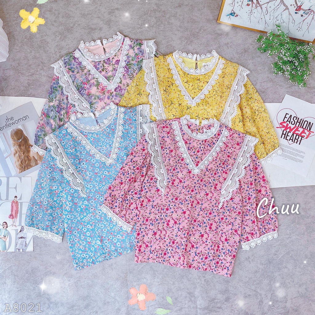 Áo kiểu công sở nữ họa tiết hoa mai cổ viền ren tay lửng phồng CHUU A8021