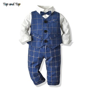 Set áo sơ mi dài tay + áo ghi lê + quần ca rô thời trang cho bé trai