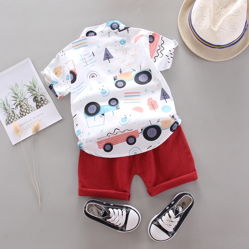 Áo sơ mi tay ngắn + quần ngắn họa tiết xe hơi hoạt hình thời trang cho bé trai từ 0-4 tuổi