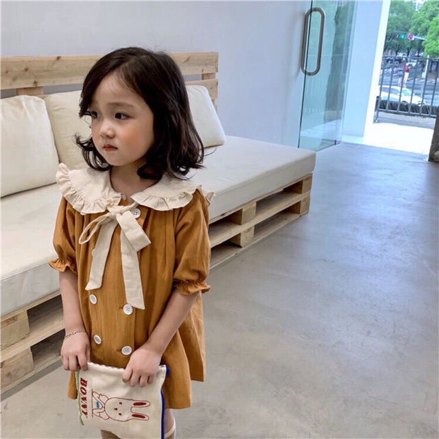 Đầm bé gái vintage vàng kiểu Hàn Quốc