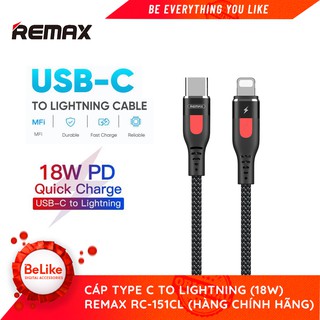 Cáp sạc iphone type c to lightning remax rc-151cl ✔️ hỗ trợ sạc nhanh pd ✔️ hàng chính hãng
