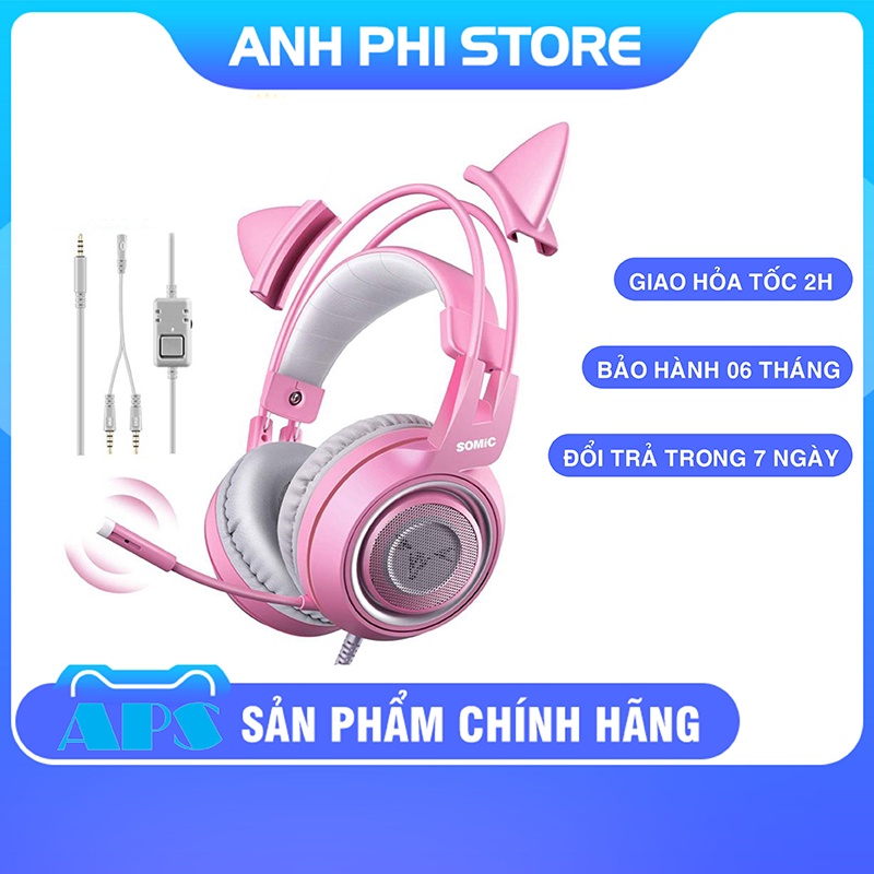 Tai nghe chụp tai Somic G951S pink tai mèo jack 3.5ly - Tặng kèm jack 3.5ly 1 ra 2