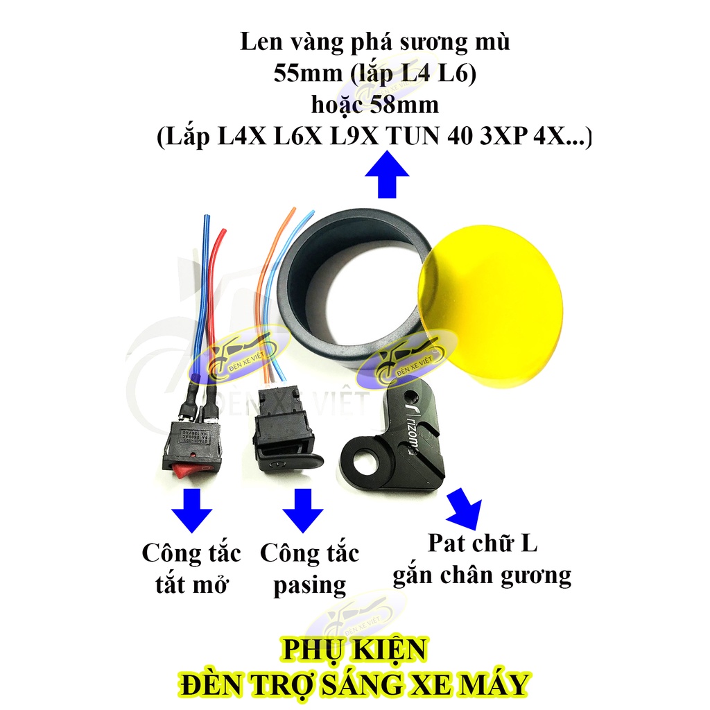 4 Món phụ kiện đèn trợ sáng gồm 1 công tắc on off, 1 công tắc passing, 1 Len vàng phá sương và 1 pat chữ L chân gương