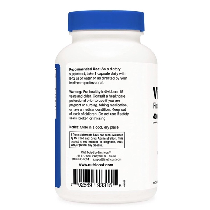 Vitamin B2 liều cao không biến đổi gen Nutricost Vitamin B2 (Riboflavin) 400mg 120 viên USA