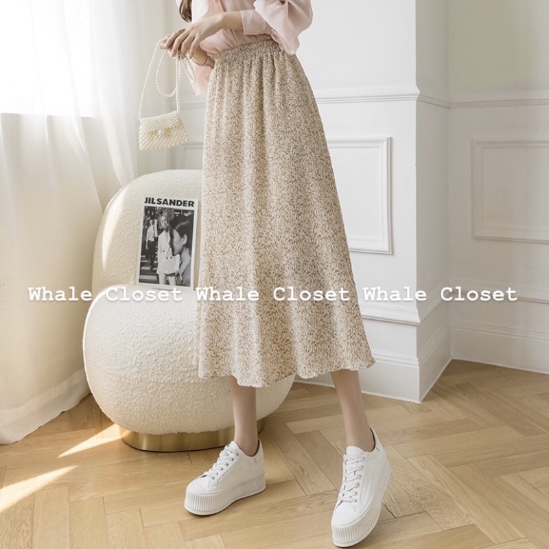 Chân váy hoa nhí chất voan nhăn dáng dài lưng chun 2 lớp hàng Quảng Châu vintage | BigBuy360 - bigbuy360.vn