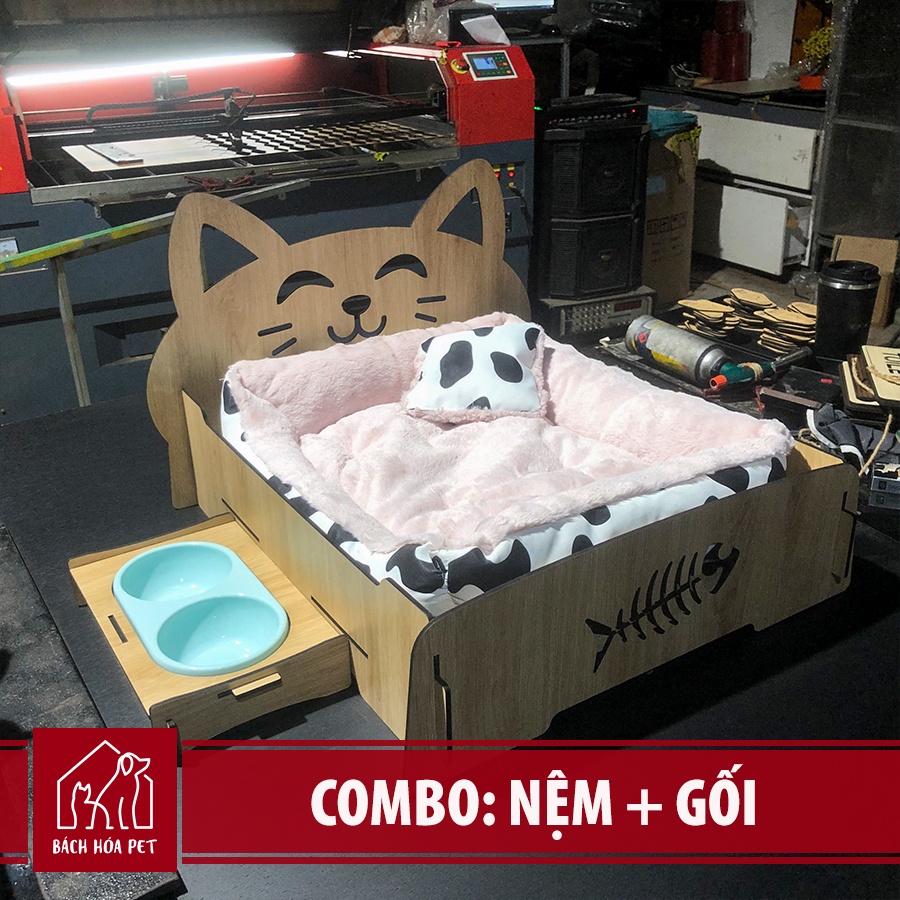 Giường cho chó mèo BHP5 45x55cm nằm ngủ bằng gỗ lắp ghép dễ dàng tặng khay ăn đôi