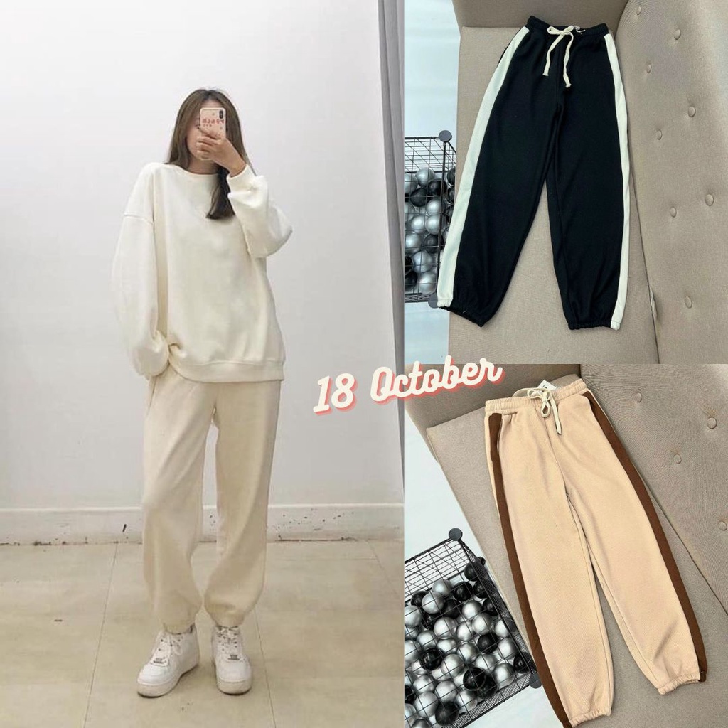 Quần jogger nữ ống rộng bo gấu nhung tăm mịn cá tính