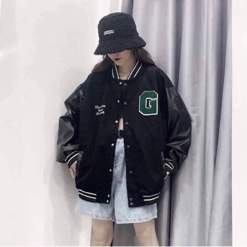 Áo bomber Nam Nữ tay da thêu chữ G phong cách mới