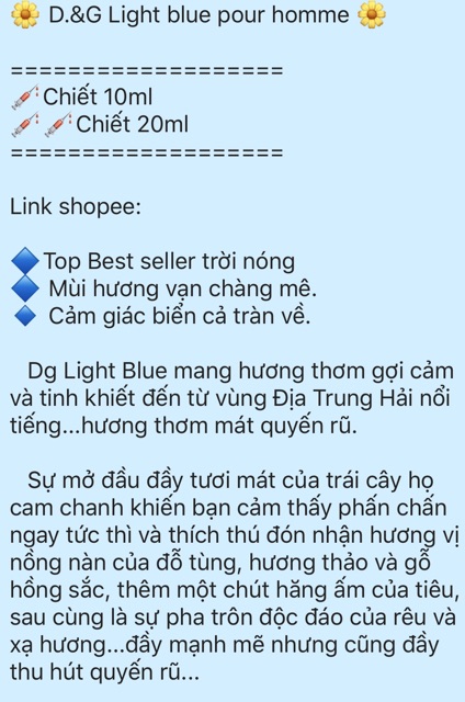 [FREESHIP - SẴN] [Mẫu thử] Nước hoa Nam D&G Light Blue Pour Homme EDT . Chính Hãng Có BH NEW 2020