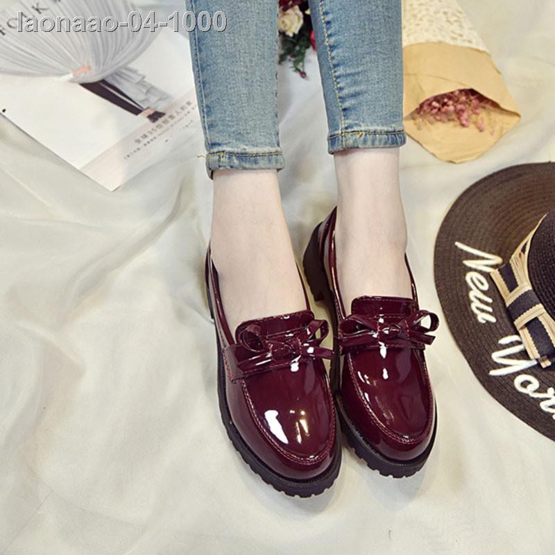 ♤❐Giày da nữ mũi tròn đế thô phong cách Retro