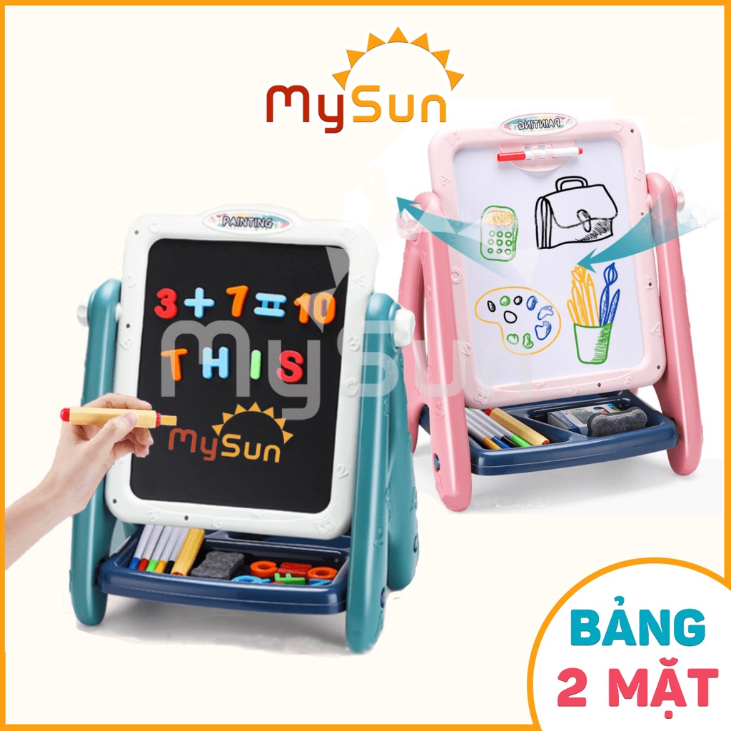 Bảng vẽ 2 MẶT Bút dạ lông &amp; Viết phấn cho bé có chân di động bằng nhựa ABS cỡ siêu lớn – MySun