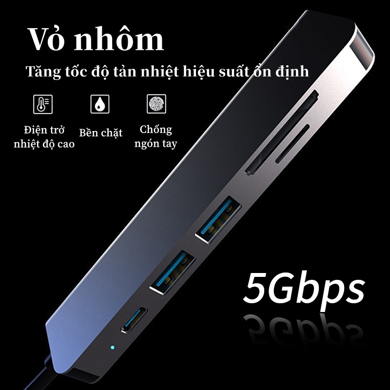 Hub Type C, Cổng chuyển đổi HUB Type-C 8 in 1,USB 3.0, Hợp Kim Nhôm Cao Cấp Tương Thích Các TV / Máy tính / Màn hình