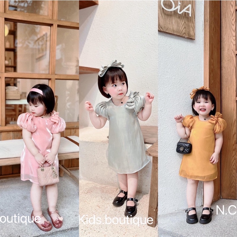 Váy tơ 2 lớp nơ vai + turban cho bé gái