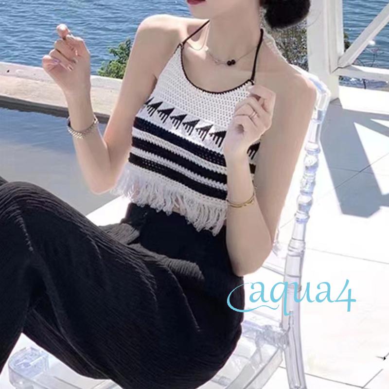 Áo Croptop Sát Nách Hở Lưng Họa Tiết Kẻ Sọc Phối Tua Rua Gợi Cảm Cho Nữ