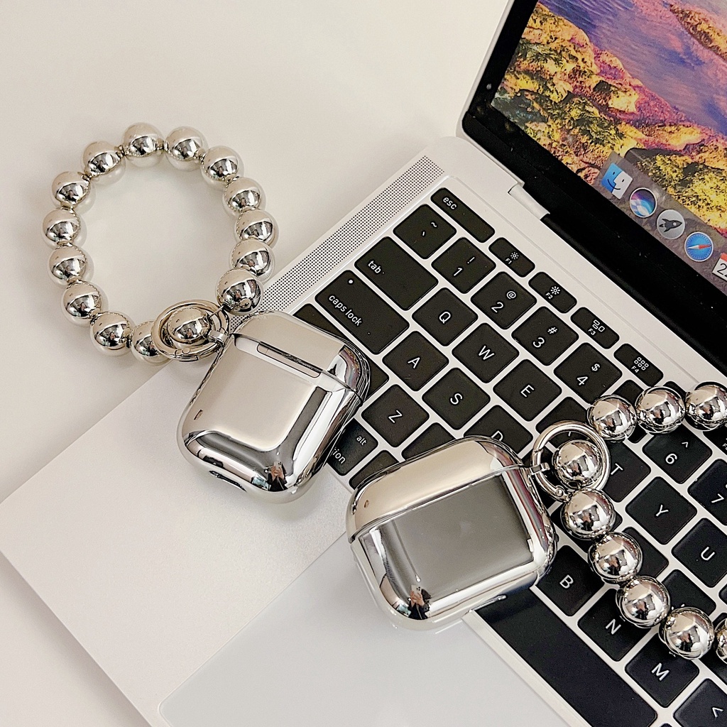 Vỏ Bảo Vệ Hộp Sạc Tai Nghe Bluetooth airpods 1 2 3 pro Bằng tpu Mềm Mạ Bạc Đính Chuỗi Hạt Thời Trang Mới