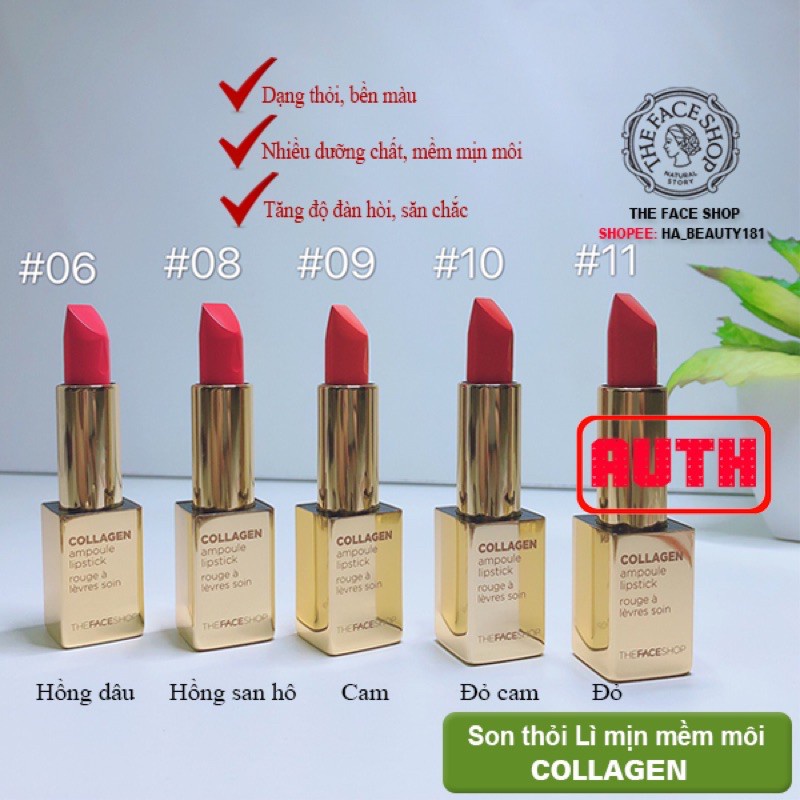 Son thỏi dưỡng môi có nhiều màu căng mọng quyến rũ tự nhiên The Face Shop Collagen Ampoule Lipstick 3.5g